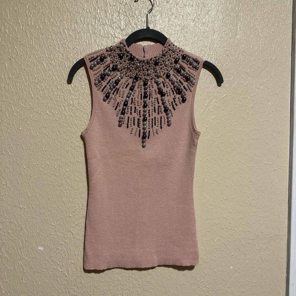 Beaded Short Sleeve Ribbed Top Size Small - Picture 3 of 7